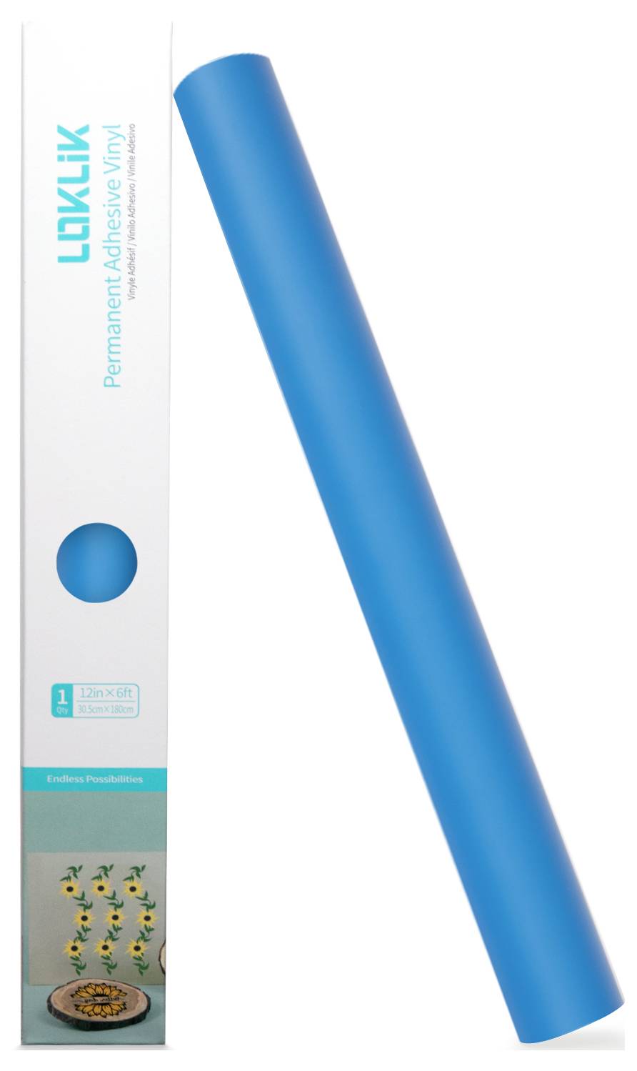 Een rol fel blauw permanente kleefvinyl naast de verpakking ervan, gelabeld 'Permanent Adhesive Vinyl'.