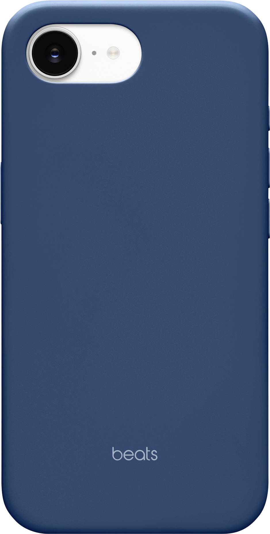 Blauw telefoonhoesje met 'beats' logo onderaan, ontworpen voor een smartphone, met een minimalistische en slanke vormgeving.