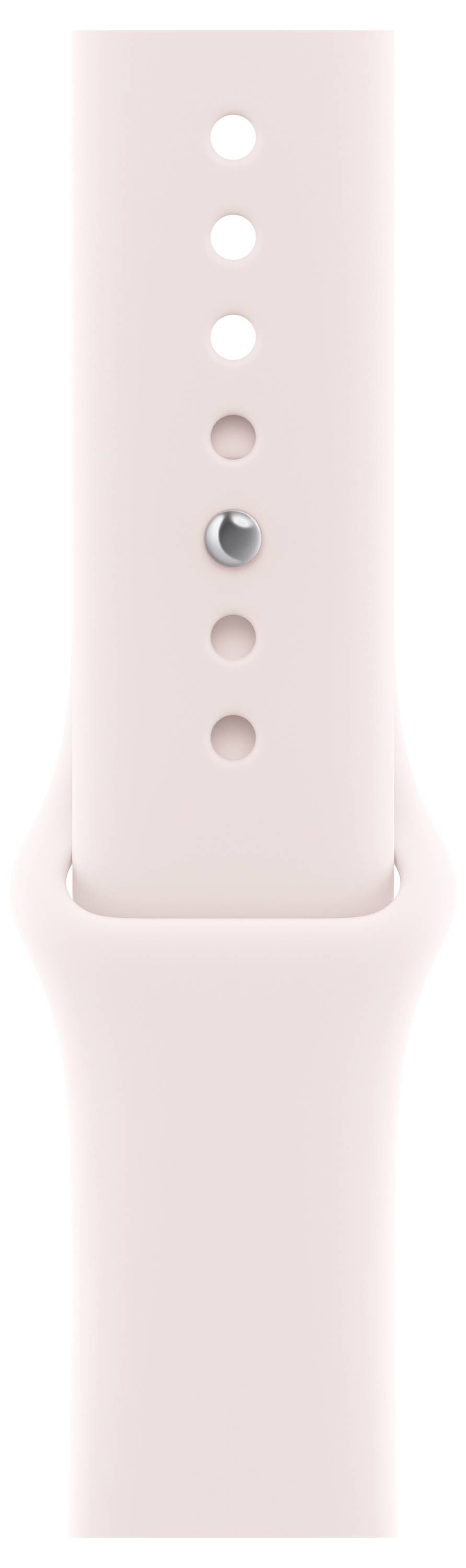 Een lichtroze smartwatch-band met meerdere maatgaten voor verstelbare pasvorm.