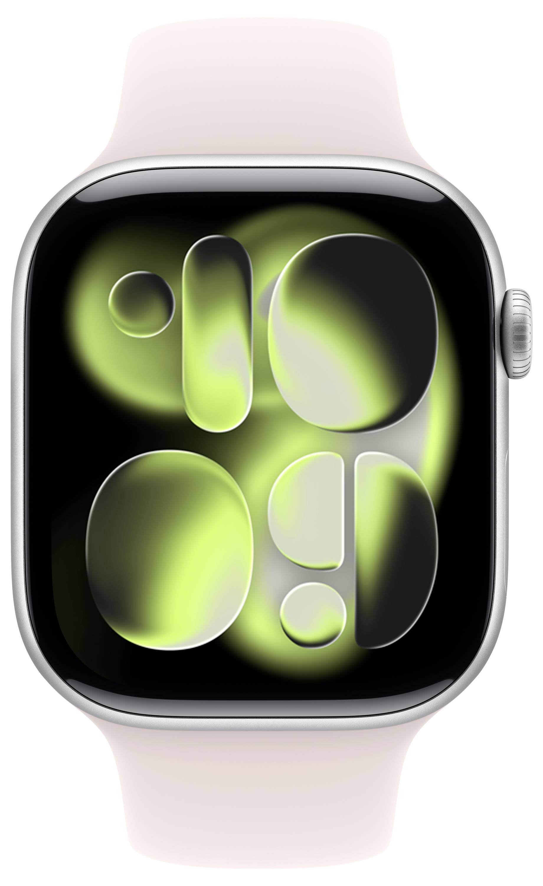 Een smartwatch met een digitaal display dat een abstract groen en zwart ontwerp toont, ingepast in een metalen frame met een lichtroze bandje.
