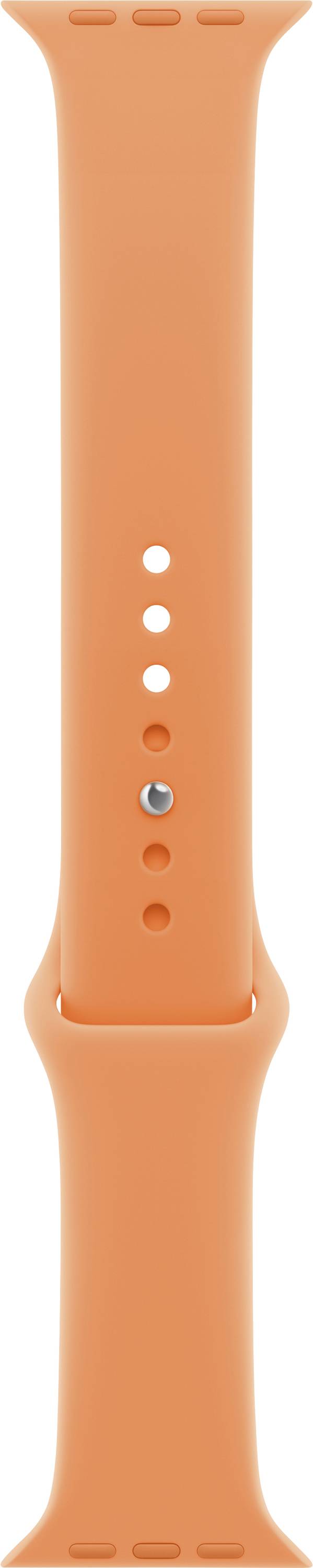 Een oranje horlogeband met meerdere gaten voor maatverstelling en een metalen pin.