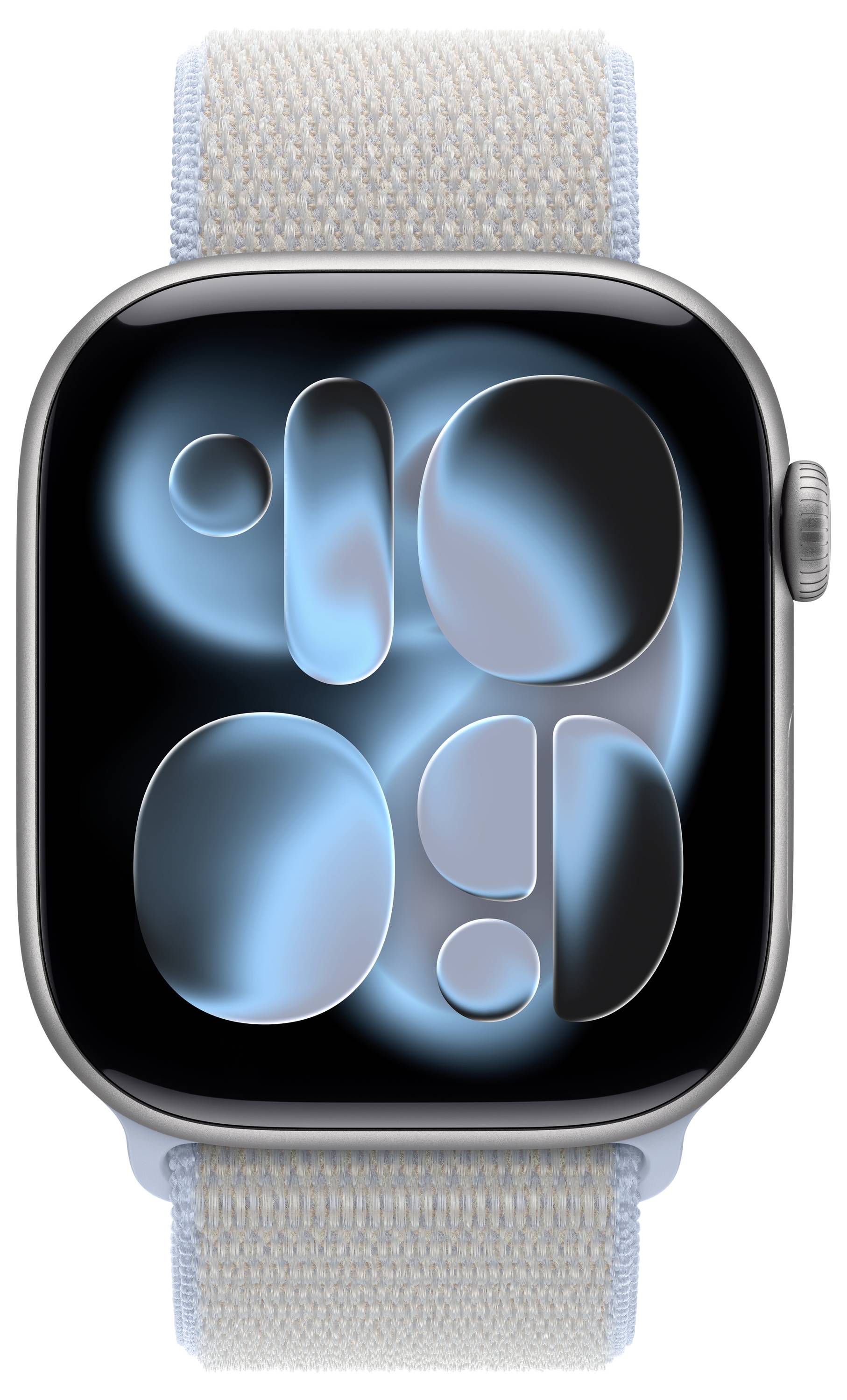 Een smartwatch met een lichtbeige band geeft een digitaal abstract blauw en zwart ontwerp op het scherm weer.