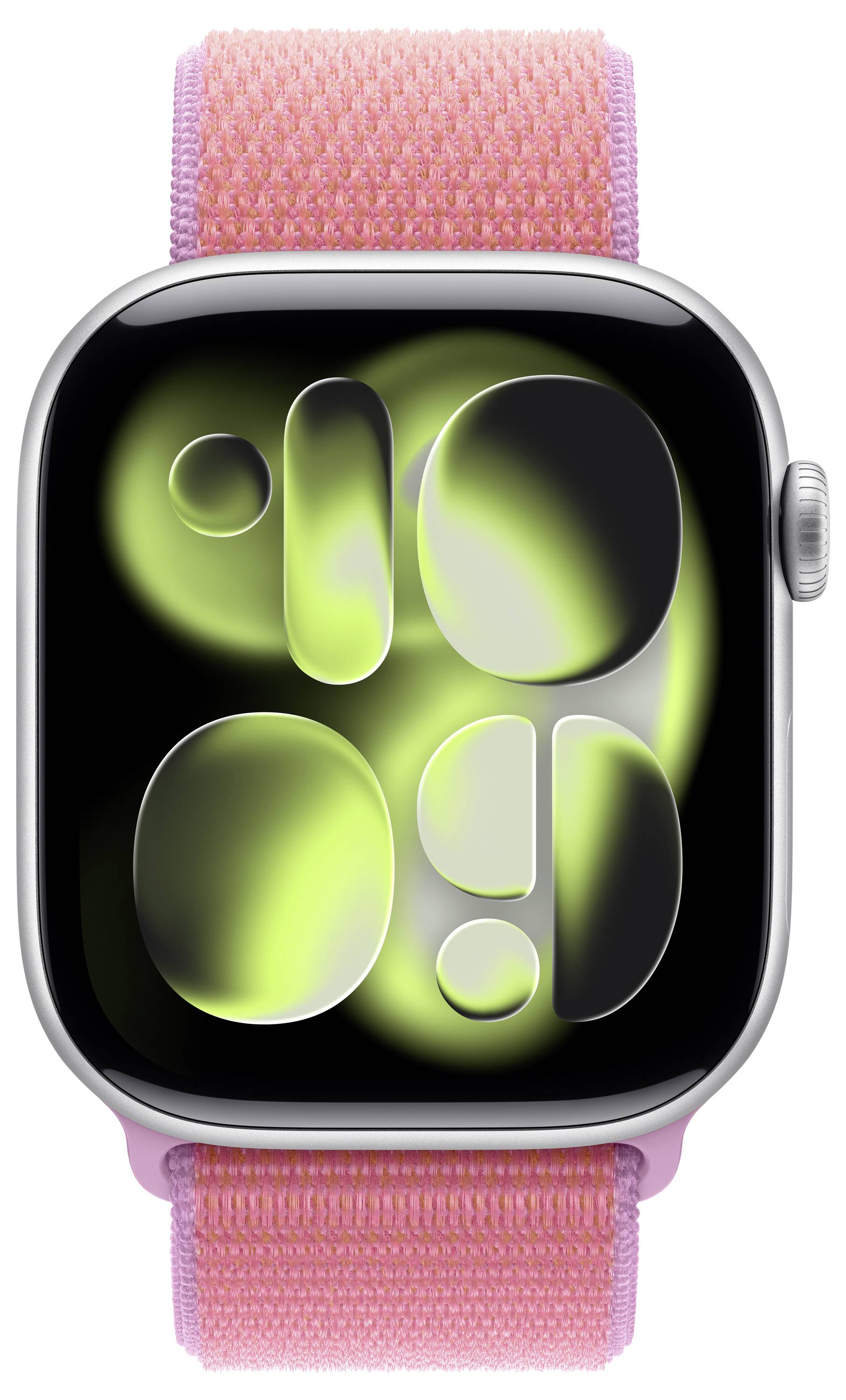 Smartwatch met neongroen abstract design op het scherm en roze stof band.