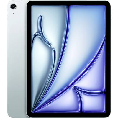 Een tablet met een randloos scherm dat abstract blauw en wit vloeibaar kunst weergeeft, rechtop gepositioneerd met een slanke, minimalistisch ontwerp.