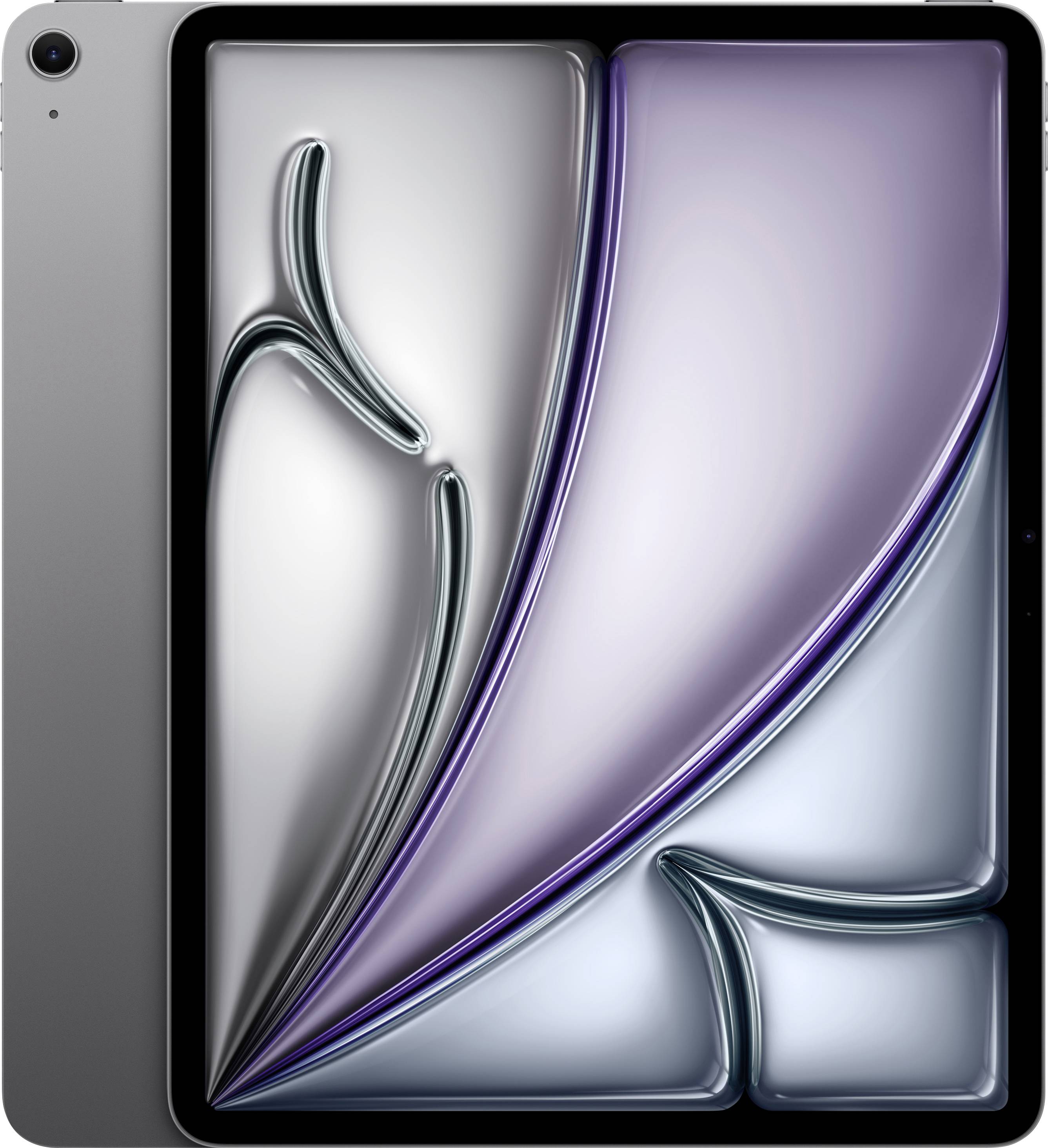 Een slanke tablet met een modern, abstract schermontwerp met vloeiende lijnen in zilveren en paarse tinten. De tablet heeft een minimalistische, metalen frame.