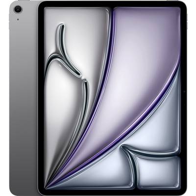 Een slanke tablet met een modern, abstract schermontwerp met vloeiende lijnen in zilveren en paarse tinten. De tablet heeft een minimalistische, metalen frame.