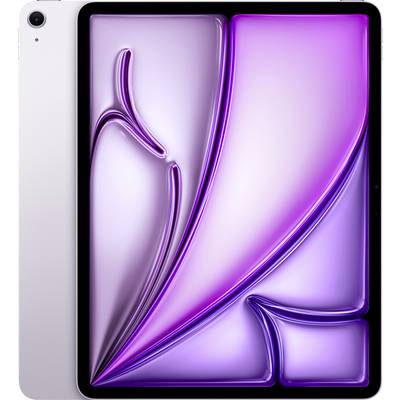 Een tablet die een paars, vloeiend abstract ontwerp op het scherm weergeeft met een sleek, metalen frame en een camera in de linkerbovenhoek.