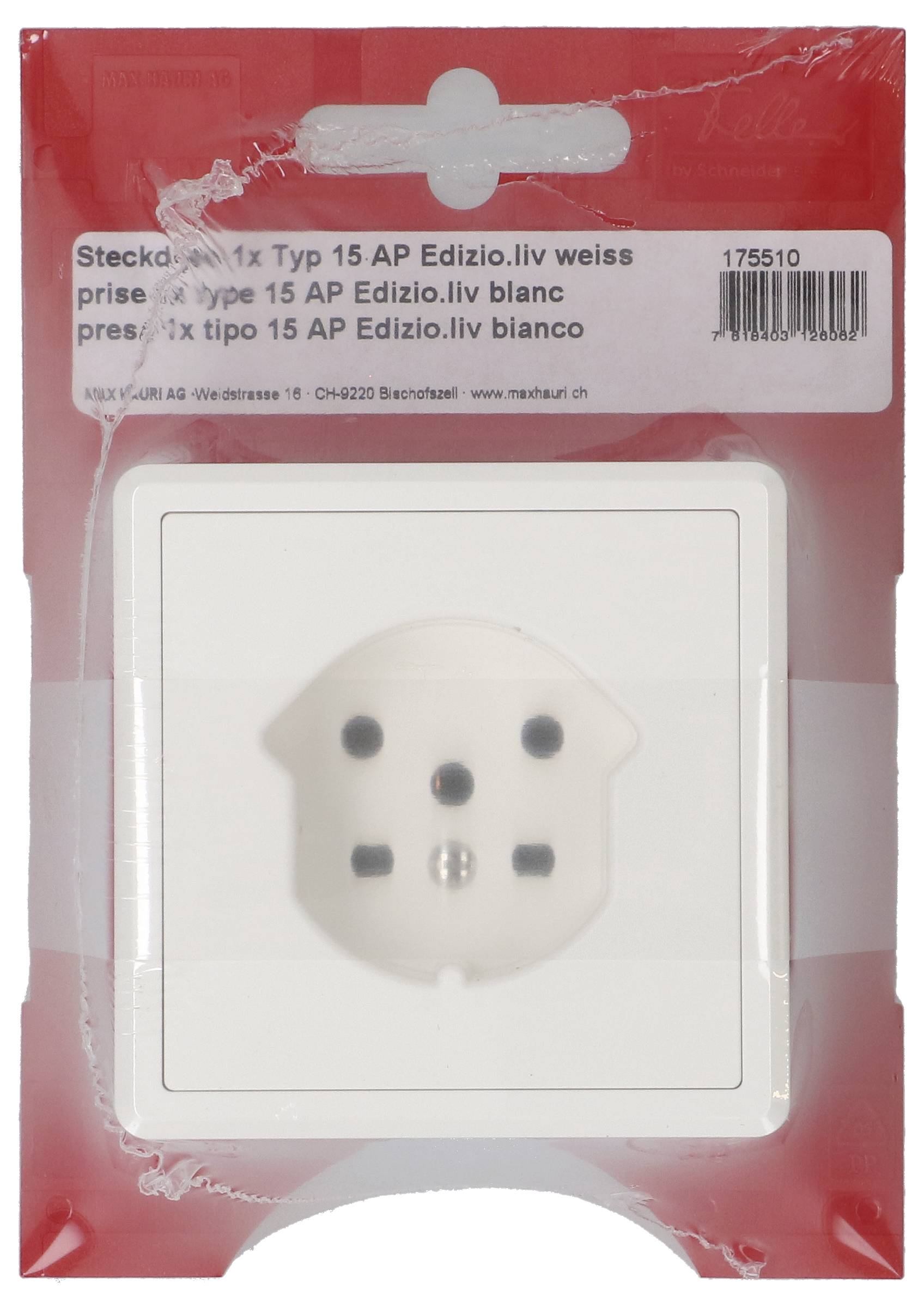 'Een witte Edizio Type 15 AP elektra stopcontact in de verpakking, met meerdere gaten voor stekkervereenigbaarheid. Het etiket bevat productdetails.'