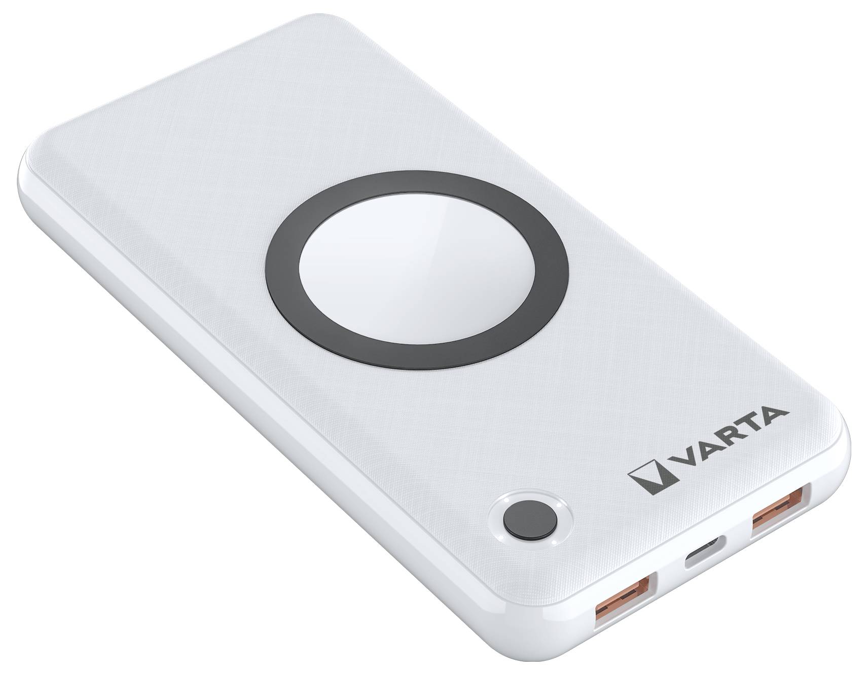 Een witte Varta-powerbank met een ronde draadloze oplaadkussens bovenop en twee USB-poorten aan de zijkant.