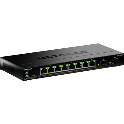 Een zwarte NETGEAR netwerkswitch met acht Ethernet-poorten en twee SFP-poorten, elk aangegeven door groene LED-lampjes.