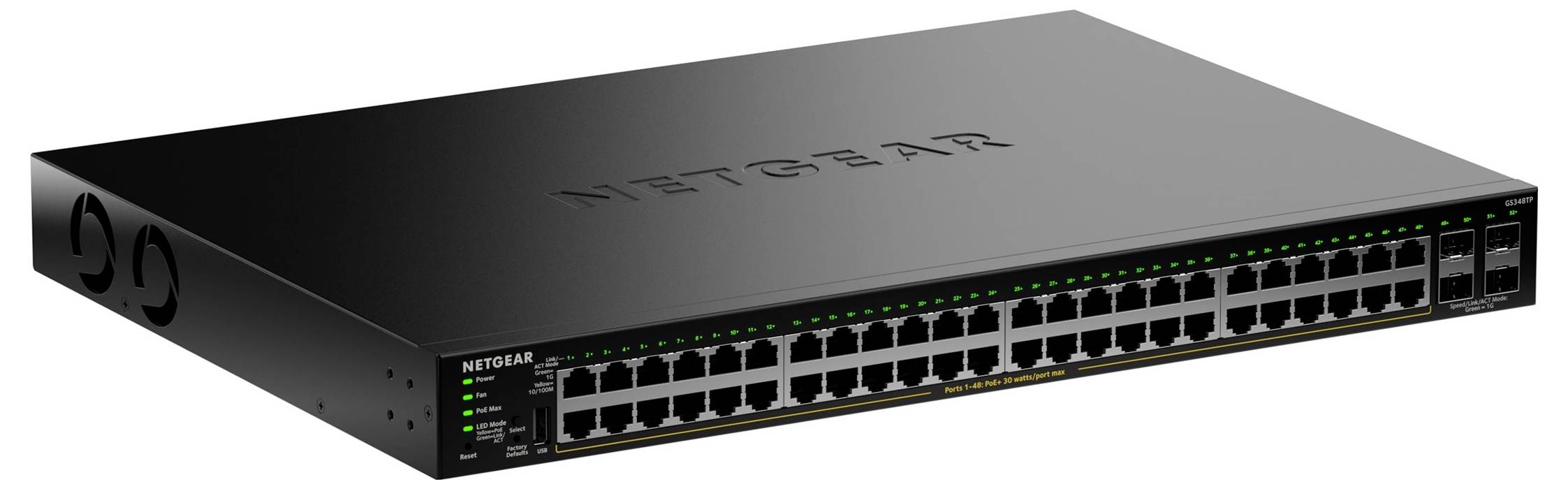 Netgear netwerkswitch met 48 Ethernet-poorten, LED-indicatoren voor statusweergave, zwarte metalen behuizing, geschikt voor bedrijfsnetwerkoplossingen.