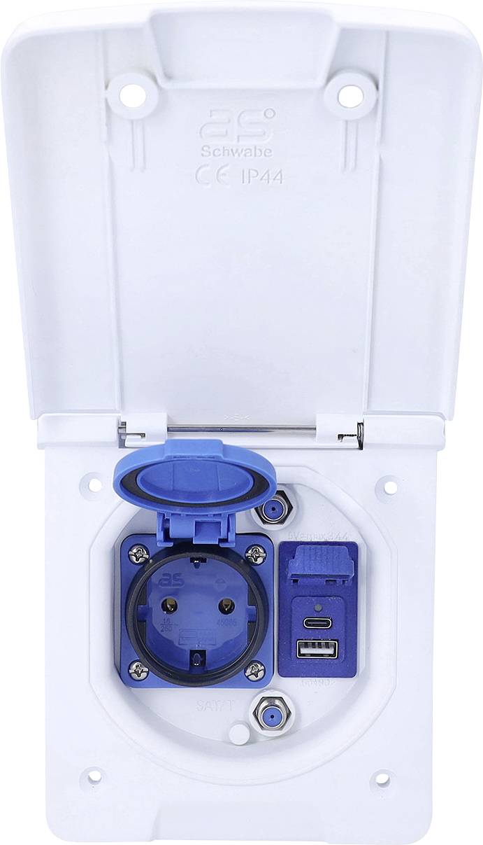 Witte buitenelektrische stopcontact met blauw deksel, voorzien van een stopcontact en een USB-poort, ingesloten in een beschermende behuizing.