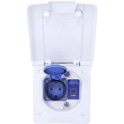 Witte buitenelektrische stopcontact met blauw deksel, voorzien van een stopcontact en een USB-poort, ingesloten in een beschermende behuizing.