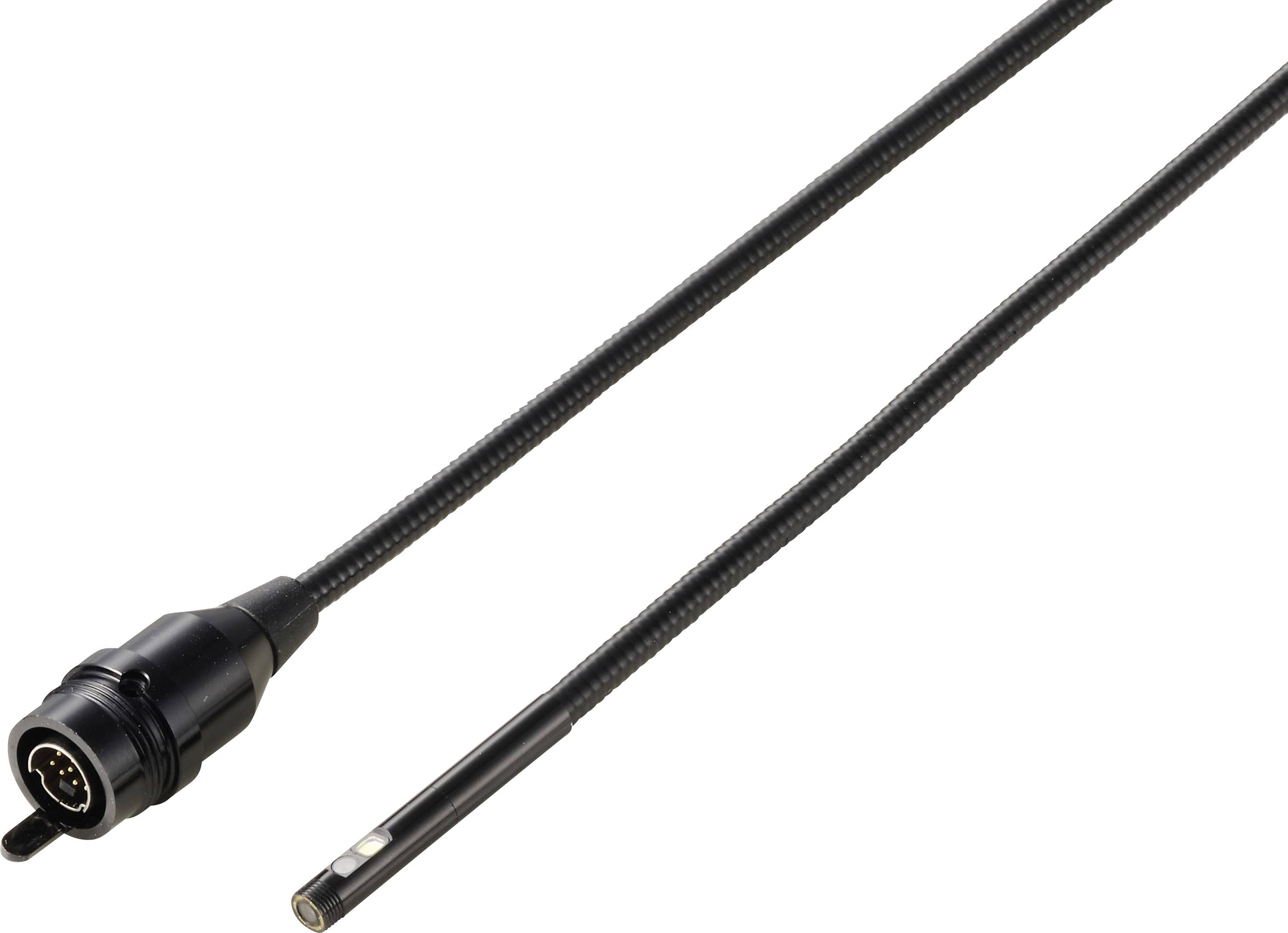 Zwarte flexibele kabel met ronde multi-pin connector aan het ene uiteinde en kleine cilindrische sensor/stekker aan het andere uiteinde, weergegeven op een witte achtergrond.