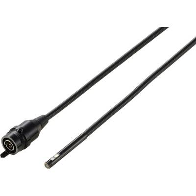 Zwarte flexibele kabel met ronde multi-pin connector aan het ene uiteinde en kleine cilindrische sensor/stekker aan het andere uiteinde, weergegeven op een witte achtergrond.