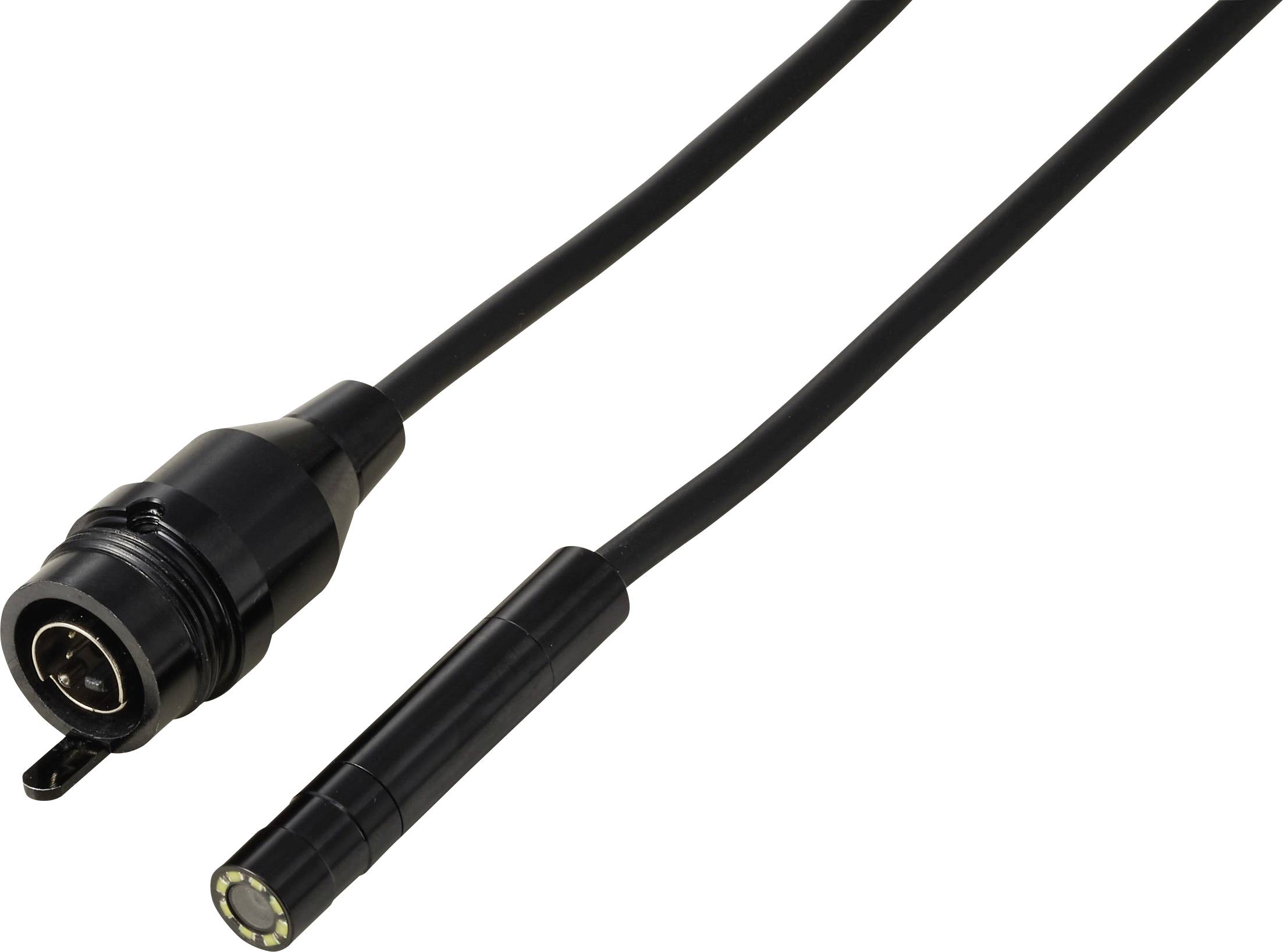 Twee zwarte kabelconnectoren, een ronde mannelijke stekker en een cilindrische vrouwelijke-stijl connector, afgebeeld op een witte achtergrond.