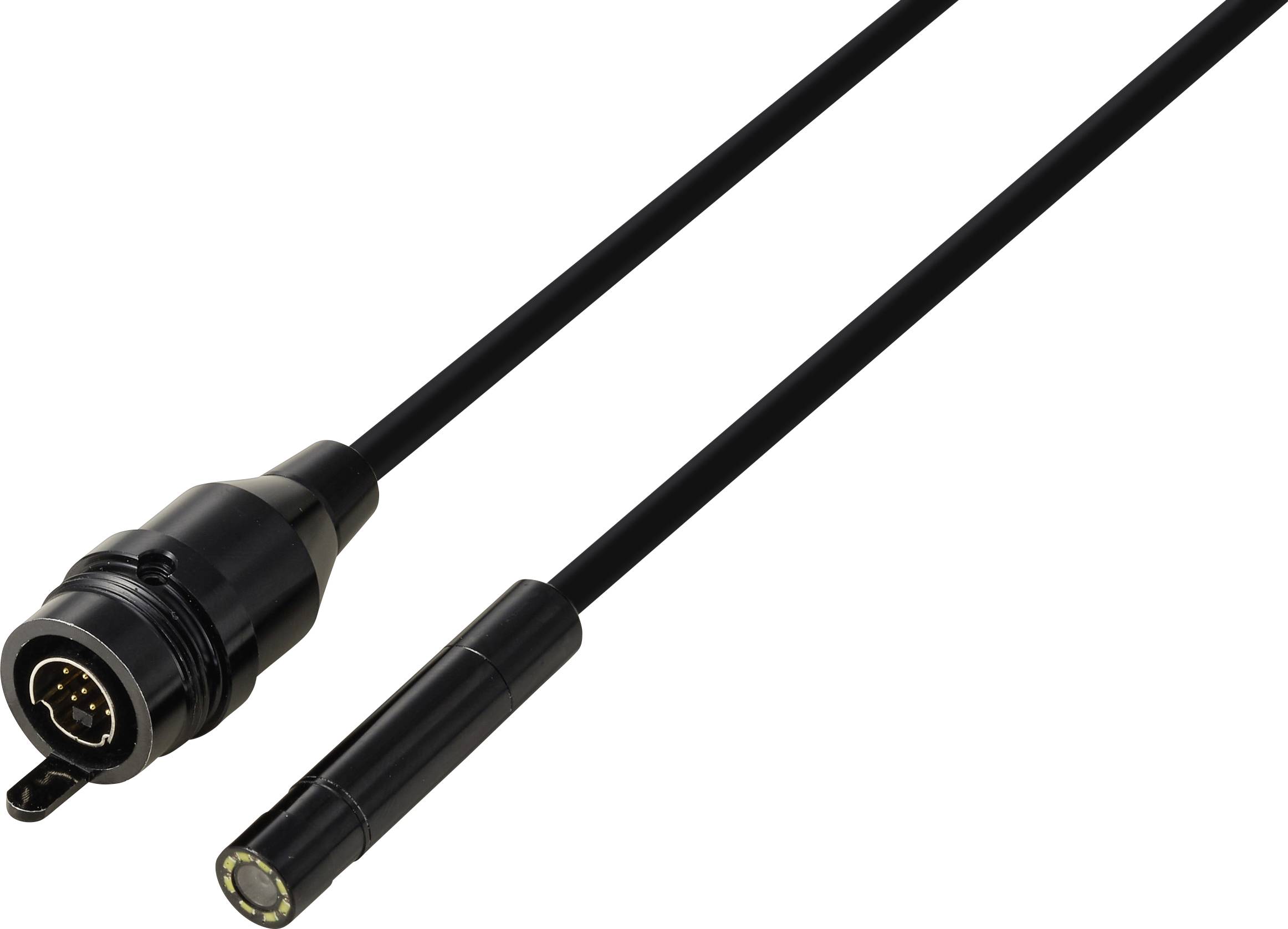 Twee zwarte aansluitkabels op een witte achtergrond, met aan het ene uiteinde een ronde stekker en aan het andere uiteinde een kleinere ronde connector.