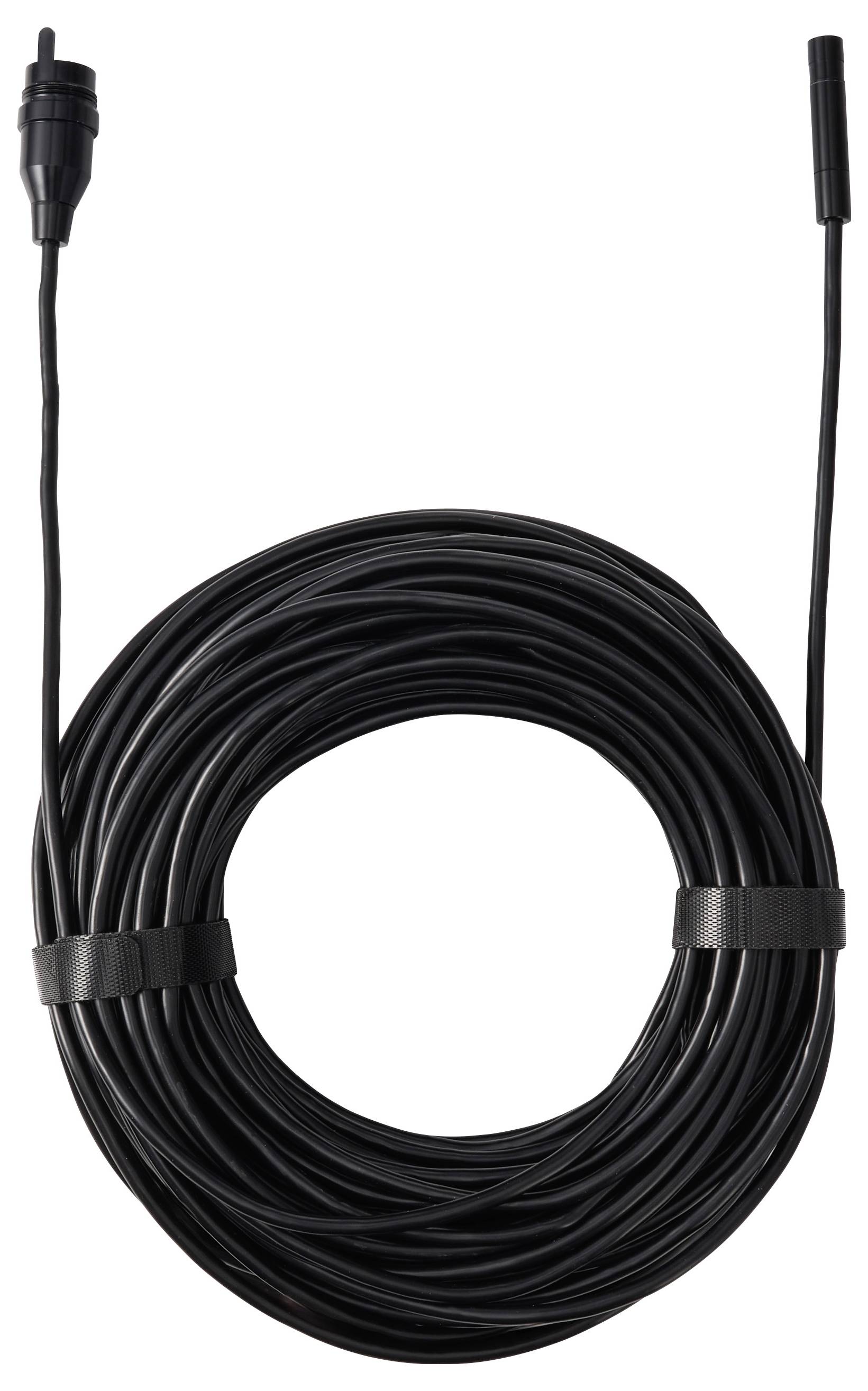 Zwarte opgerolde kabel met twee connectoren op een witte achtergrond.