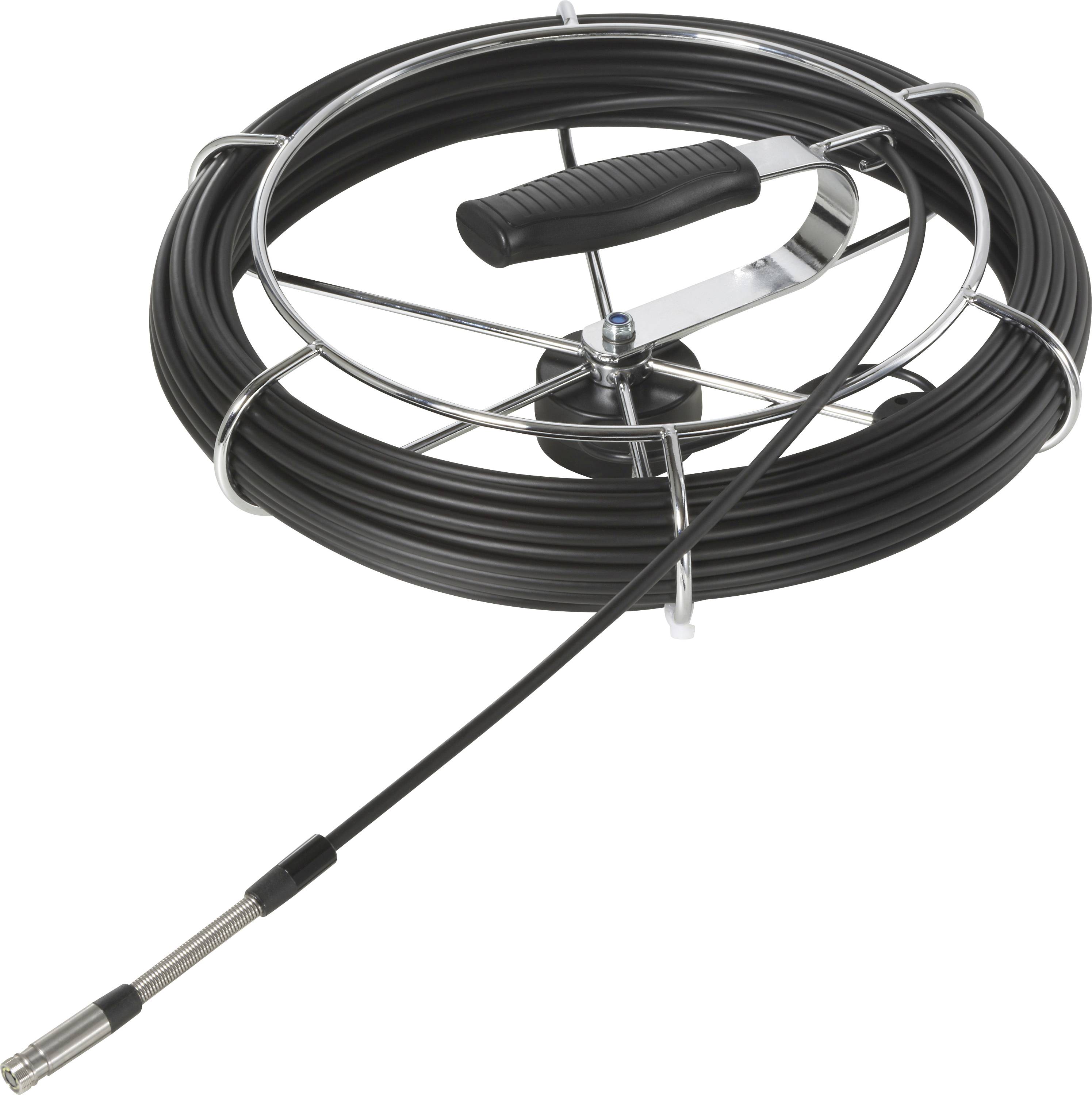 Opgerolde rioolschoonmaak-spiraal met zwarte kabel, metalen trommel en handslinger.