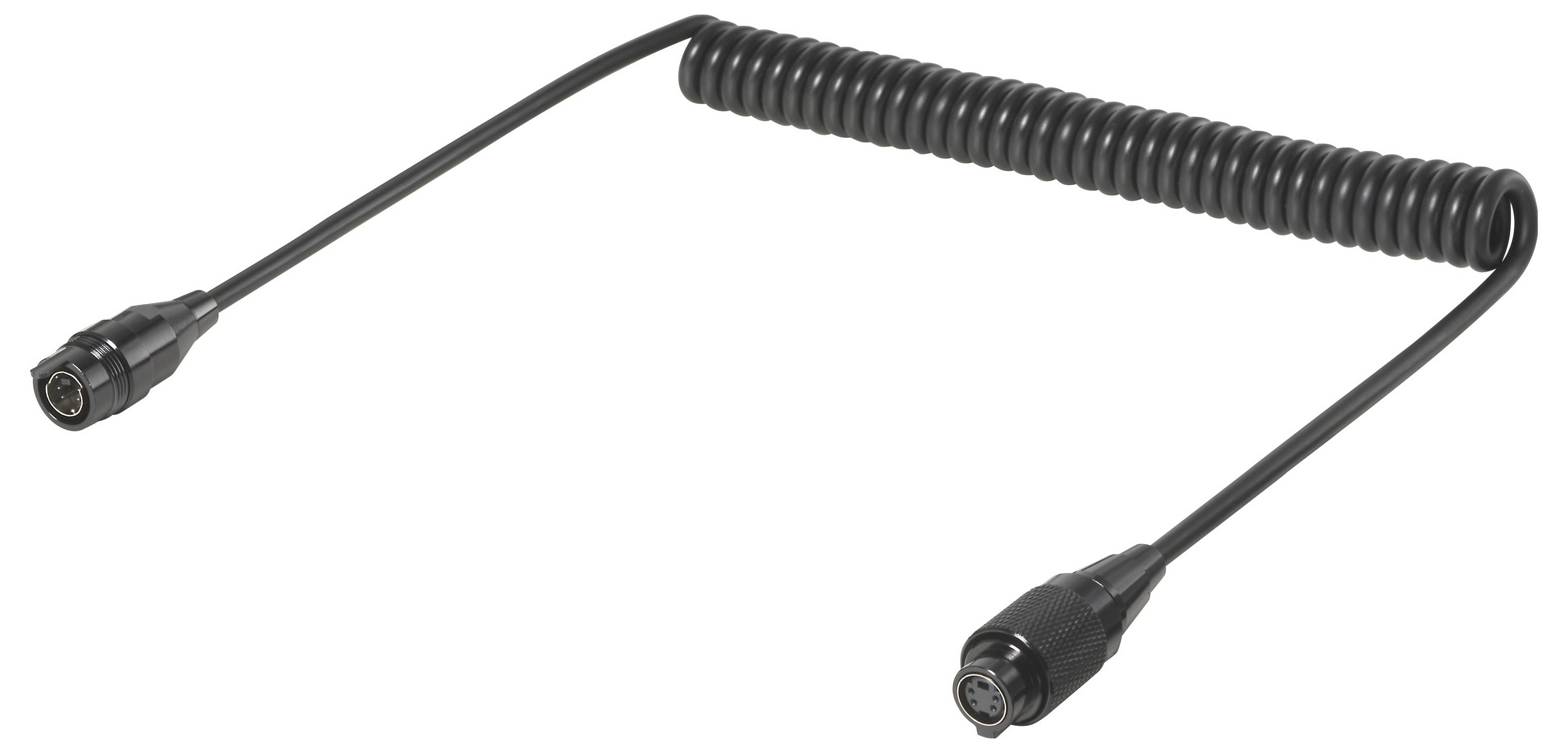 Opgerold zwart snoer met ronde connectoren aan beide uiteinden, weergegeven op een witte achtergrond.