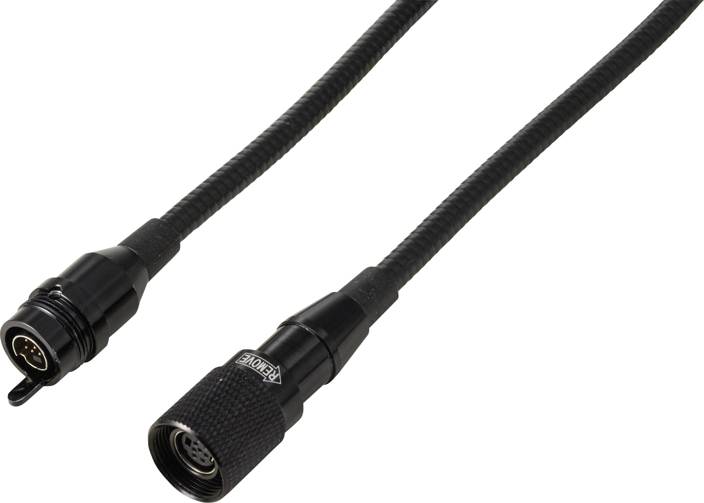 Zwarte gevlochten kabel met twee ronde connectoren getoond op een witte achtergrond, waarschijnlijk een industriële of energie-/gegevensverbindingskabel.