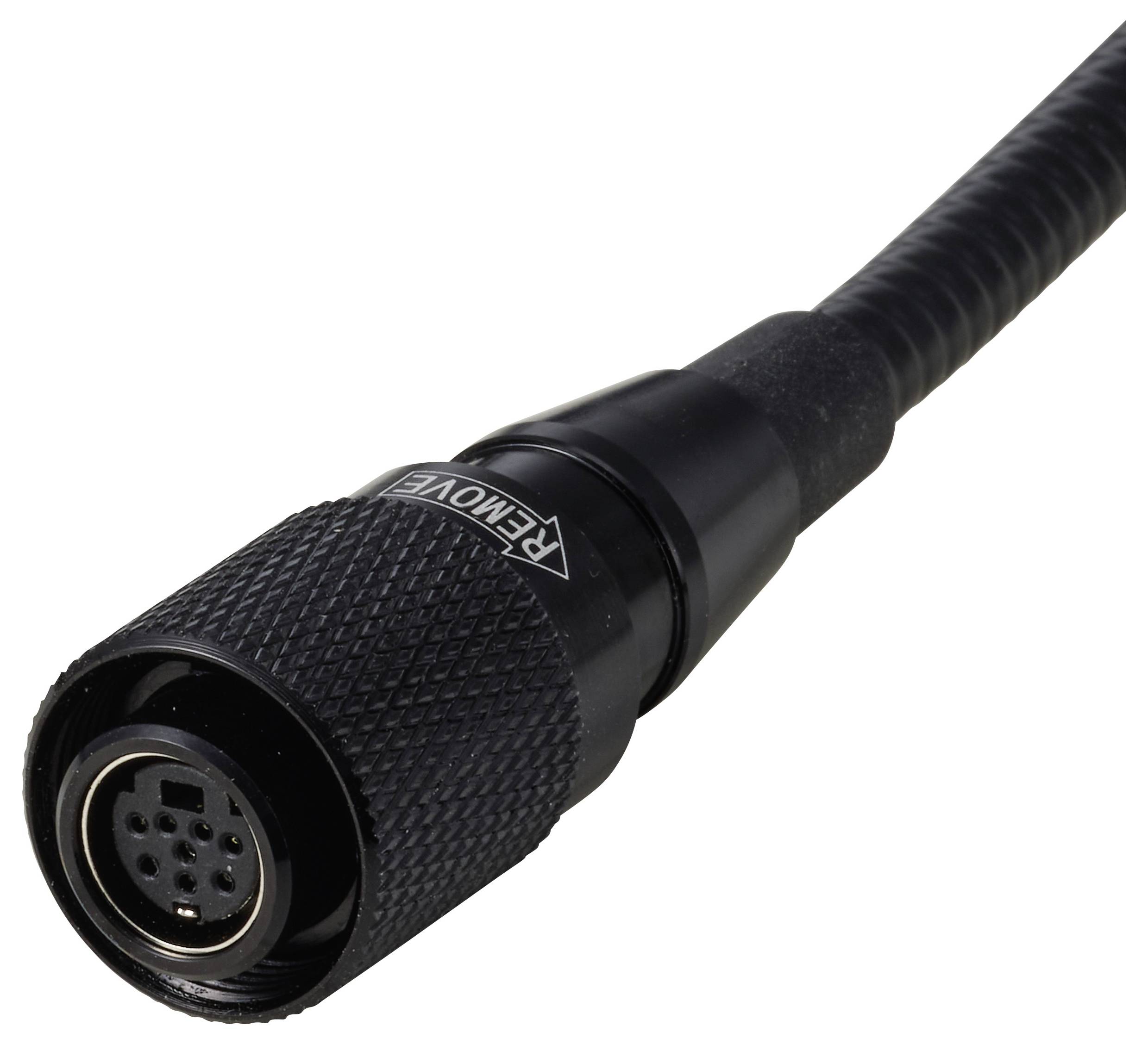 Close-up van een zwarte circulaire multi-pin kabelconnector met een gegrepen greep en aangesloten kabel op een witte achtergrond.
