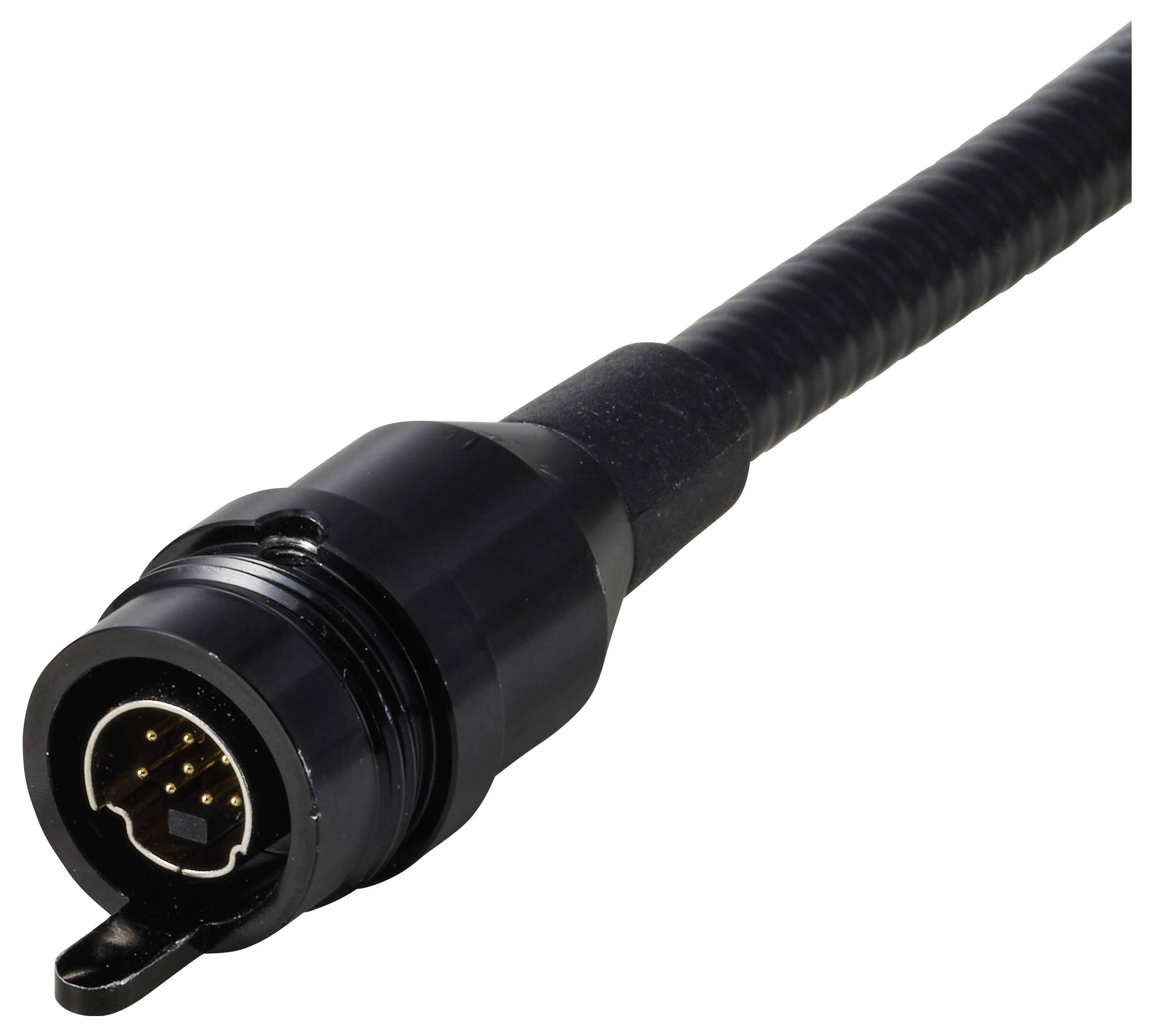Close-up van een zwarte ronde multi-pin kabelconnector met schroefdraad-spanningsontlasting, weergegeven op een witte achtergrond.