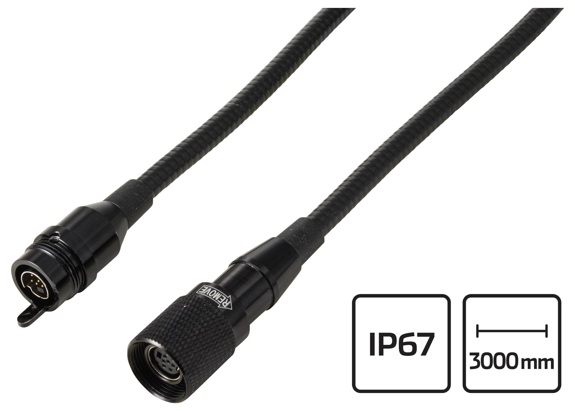 Twee zwarte waterdichte connectorkabesl met IP67-classificering, weergegeven met een lengteetiket van 3000 mm.