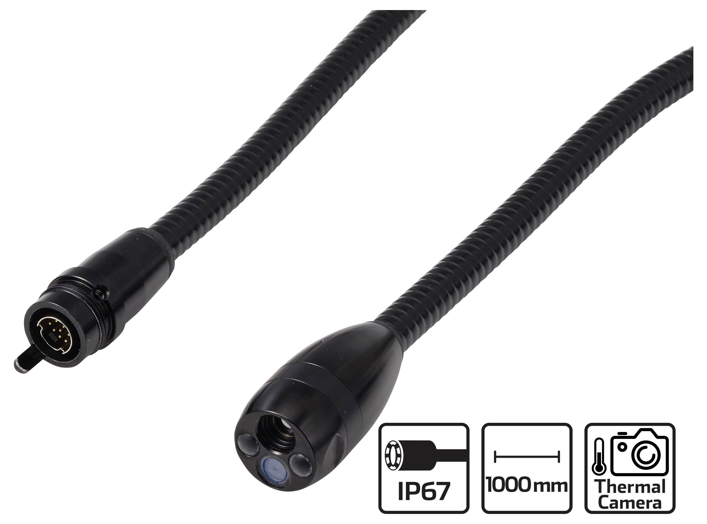 Zwarte 1000mm IP67-kabel met thermische cameraconnector en eindstekker op witte achtergrond.