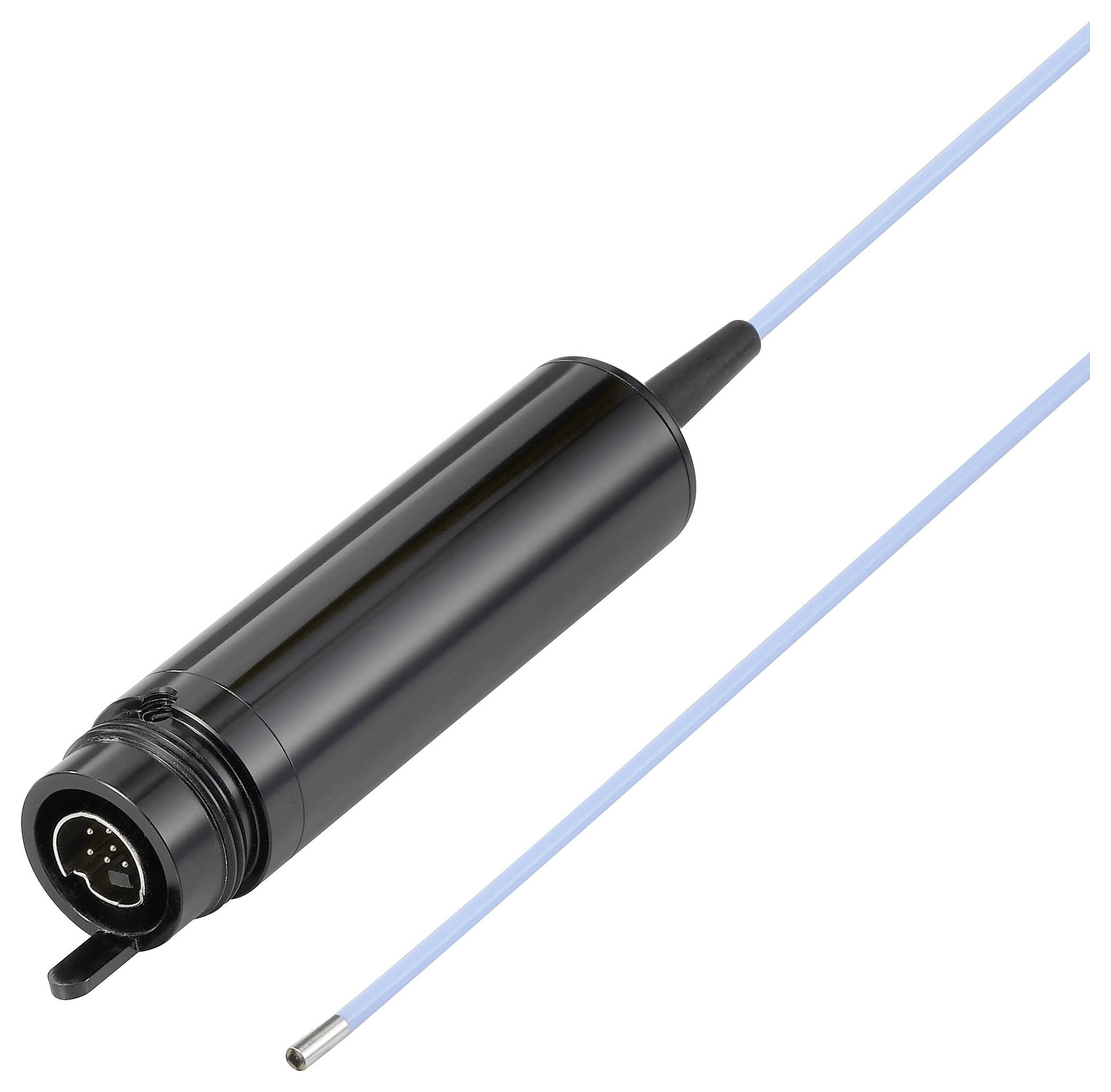 Zwarte cilindrische sonde met bevestigde blauwe kabel en metalen sensortip, geïsoleerd op witte achtergrond.