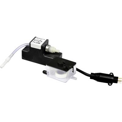 Een debietmeter met een pijl die de richting aangeeft, bevestigd aan slangen en een connector met draden, gebruikt voor het meten van vloeistofstroom.