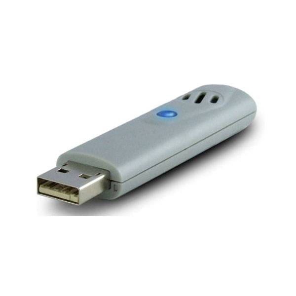 Een grijze USB-stick met een blauw indicatielampje en een ventilatiesleuuf aan de bovenkant.