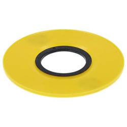 Een geel cirkelvormig object met een zwart centraal gat, dat lijkt op een schijf of donutvorm, geplaatst op een neutrale achtergrond.