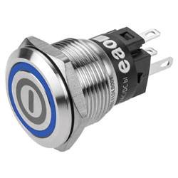 Een ronde metalen aan/uit-knop met blauwe accenten, met een aan/uit-symbool in het midden en drie metalen pennen aan de achterkant voor aansluiting.