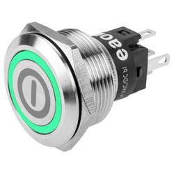 Een ronde metalen aan-knop met een groene LED-ring, die de 'Aan'-status symboliseert, ontworpen voor elektronische apparaten.