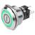 Een ronde metalen aan-knop met een groene LED-ring, die de 'Aan'-status symboliseert, ontworpen voor elektronische apparaten.