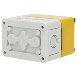 Een kunststof elektrische verbindingsdoos met een gele basis en grijze deksel, voorzien van meerdere kabelinvoerpunten en een centraal montagegebied.