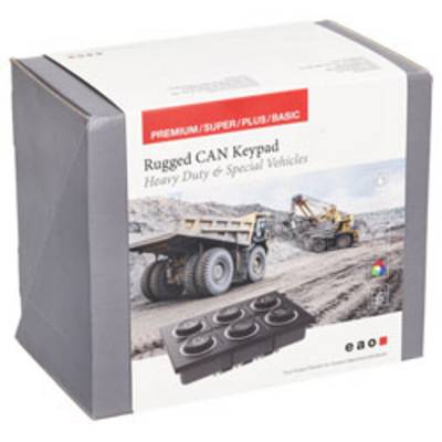 'Robuuste CAN-toetsenbord' verpakkingsdoos voor zwaar werk en speciale voertuigen, met een afbeelding van industriële machines met het toetsenbord.