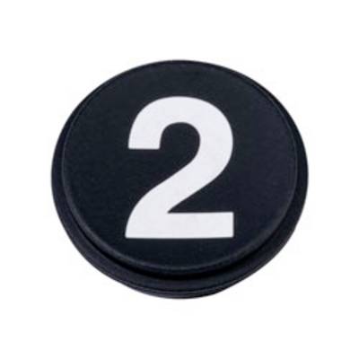 Een zwart rond deksel van een container met het getal '2' in wit vet lettertype erop, waarschijnlijk aangevend grootte of volgorde.