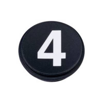 Een ronde zwarte knop met het getal '4' in vet wit lettertype op het oppervlak.