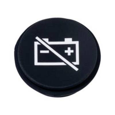Een zwarte ronde knop met een wit batterijpictogram, voorzien van een diagonale streep erdoorheen, wat een "geen batterij" of "batterij niet inbegrepen" symbool aangeeft.