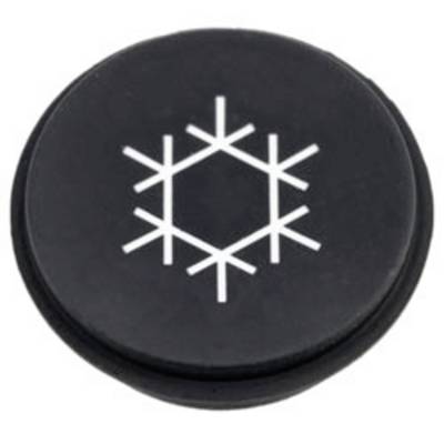 Een zwarte hockeypuck met een wit sneeuwvlokdesign bovenop.
