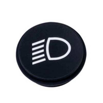Een ronde zwarte knop met een symbool van autokoplampen, die een koplampenbesturing of schakelfunctie aangeeft.