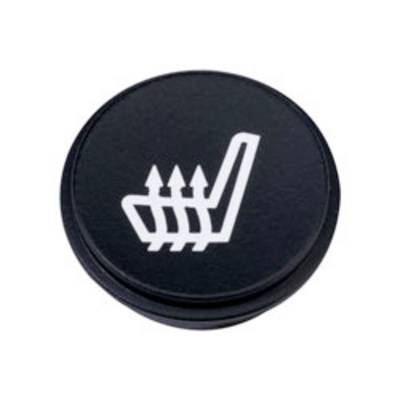 Een ronde zwarte knop met een zitplaats en pictogram met pijlen omhoog die een verwarmingsregelaar voor autostoelen vertegenwoordigt.