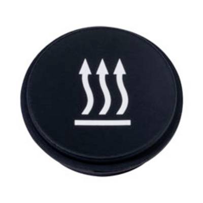 Een zwarte knop met een symbool van drie pijlen naar boven boven een horizontale lijn, wat aangeeft dat de stoelverwarming ingeschakeld is.