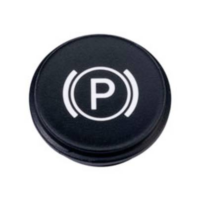 Zwarte ronde knop met een witte 'P' in een cirkelsymbool, die een parkeerremfunctie vertegenwoordigt.