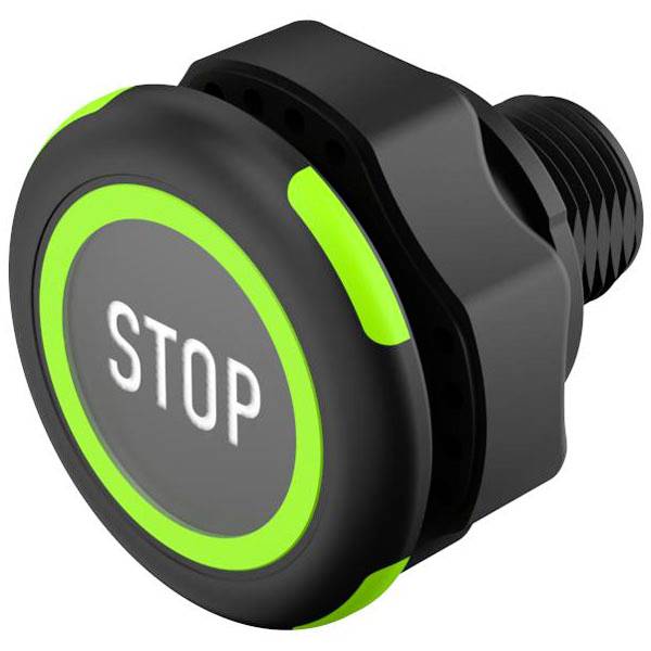 Een zwart-groene noodstopknop met 'STOP' geschreven in witte hoofdletters, gebruikt voor het stilzetten van apparatuur of machines.