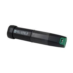 Een zwarte EL-USB-5 zelfstandige USB-gegevensrecorder ontworpen om geluidsniveaus bij te houden, met een groen uiteinde en duurzame behuizing.