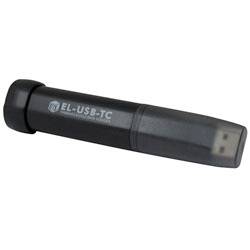 Een zwart USB-apparaat met het label 'EL-USB-TC', ontworpen voor temperatuurgegevensregistratie.