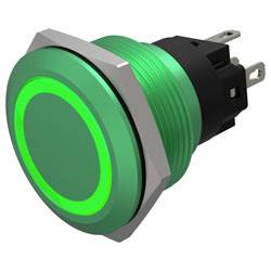 Een groen, rond drukknopschakelaar met een gloeiende LED-ring, ontworpen voor elektronische apparatuur, weergegeven vanuit een zijhoek.